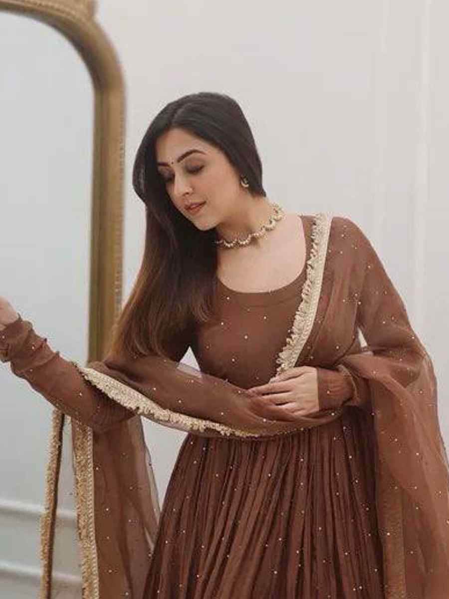 Brown Heavy Faux Georgette Embroidered Festival Casual Ready Pakistani Salwar Kameez