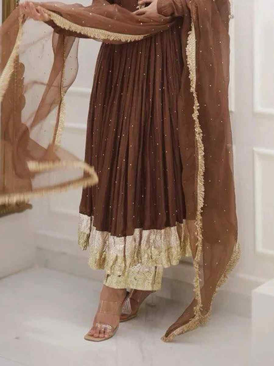 Brown Heavy Faux Georgette Embroidered Festival Casual Ready Pakistani Salwar Kameez