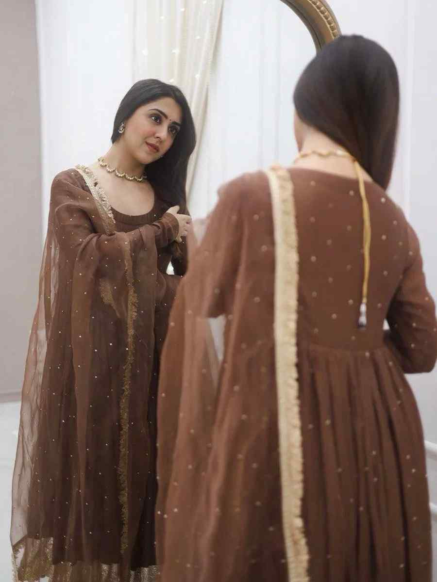 Brown Heavy Faux Georgette Embroidered Festival Casual Ready Pakistani Salwar Kameez