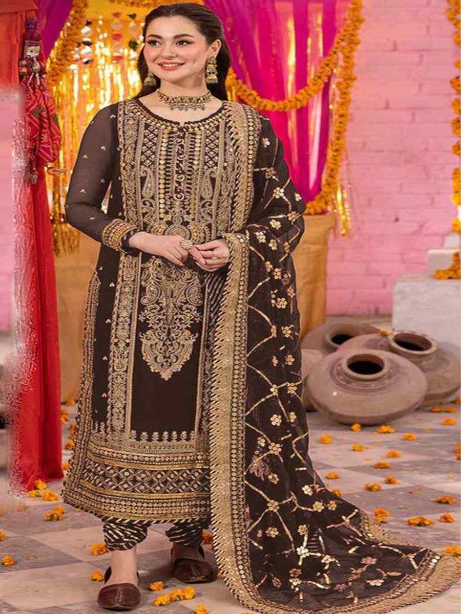 Brown Heavy Faux Georgette Embroidered Festival Mehendi Pant Salwar Kameez
