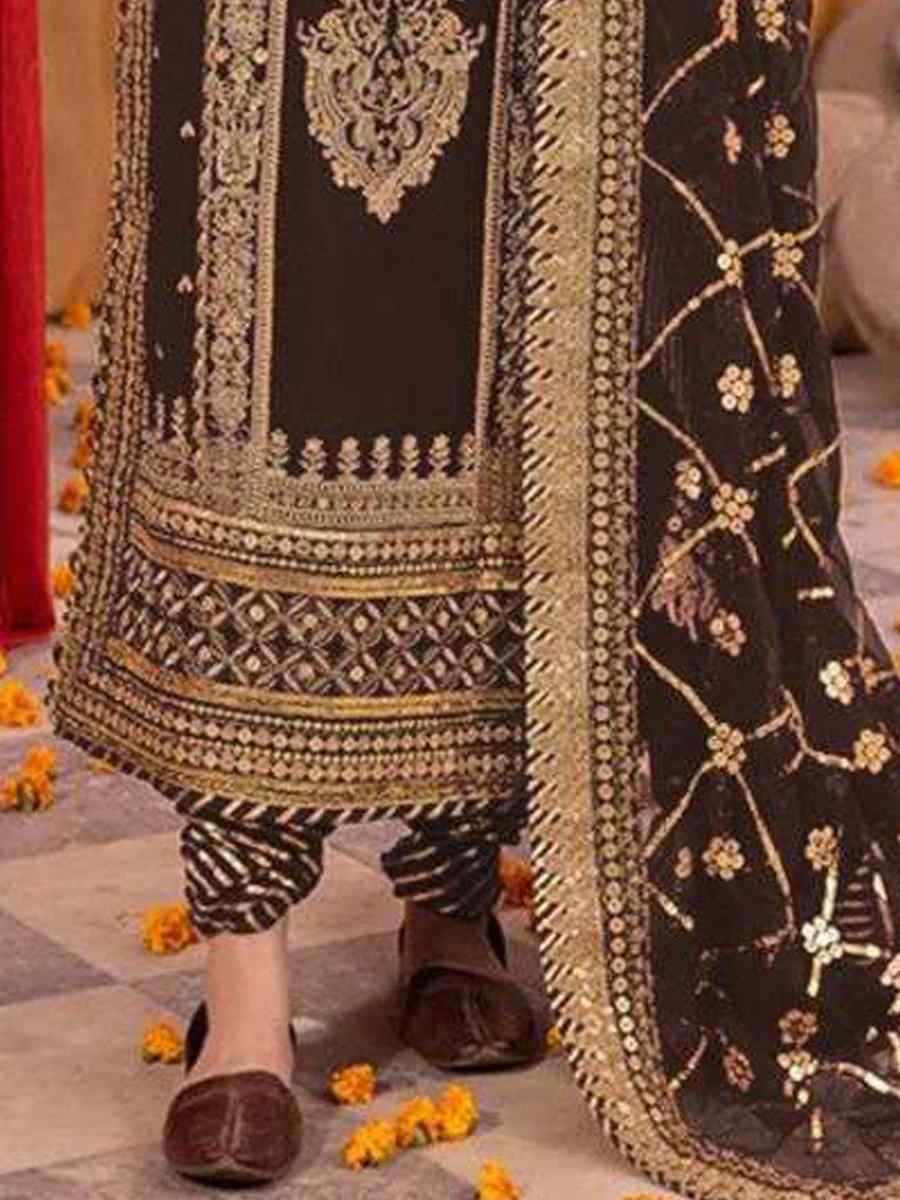 Brown Heavy Faux Georgette Embroidered Festival Mehendi Pant Salwar Kameez