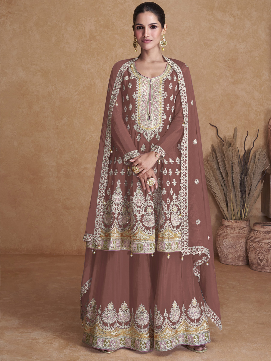 Brown Heavy Faux Georgette Embroidered Festival Party Palazzo Pant Salwar Kameez
