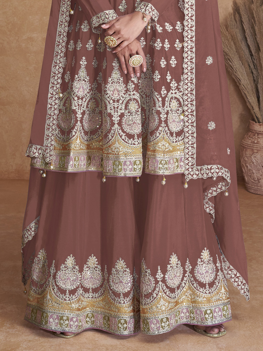 Brown Heavy Faux Georgette Embroidered Festival Party Palazzo Pant Salwar Kameez