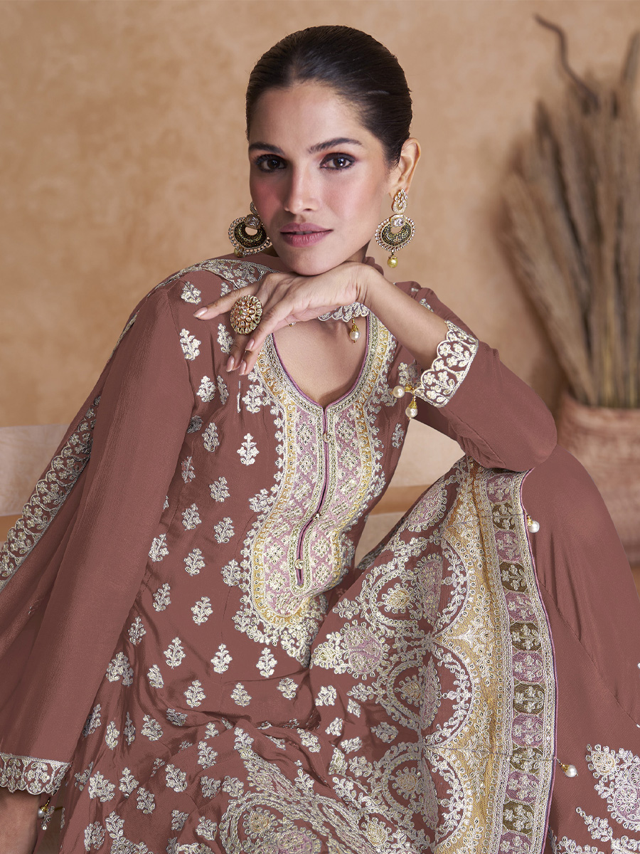 Brown Heavy Faux Georgette Embroidered Festival Party Palazzo Pant Salwar Kameez