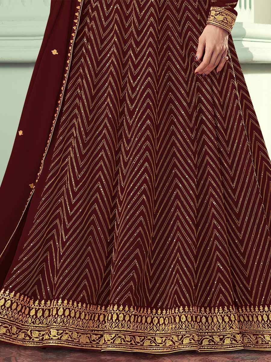 Brown Heavy Faux Georgette Embroidered Festival Wedding Bollywood Style Anarkali Salwar Kameez