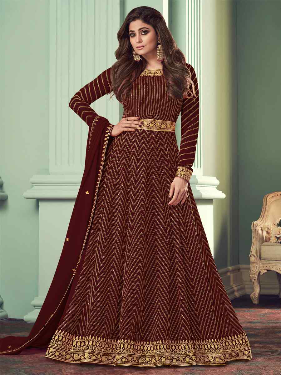 Brown Heavy Faux Georgette Embroidered Festival Wedding Bollywood Style Anarkali Salwar Kameez