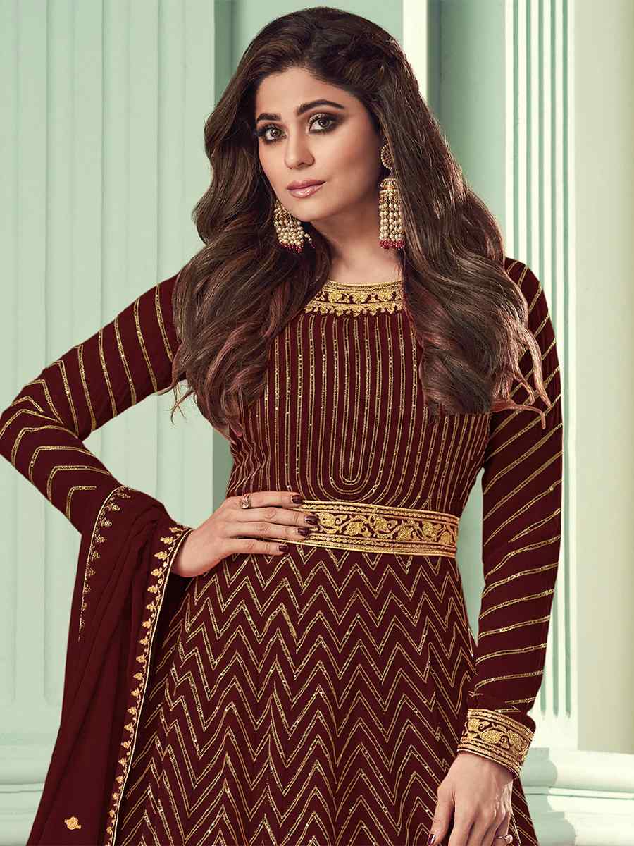 Brown Heavy Faux Georgette Embroidered Festival Wedding Bollywood Style Anarkali Salwar Kameez