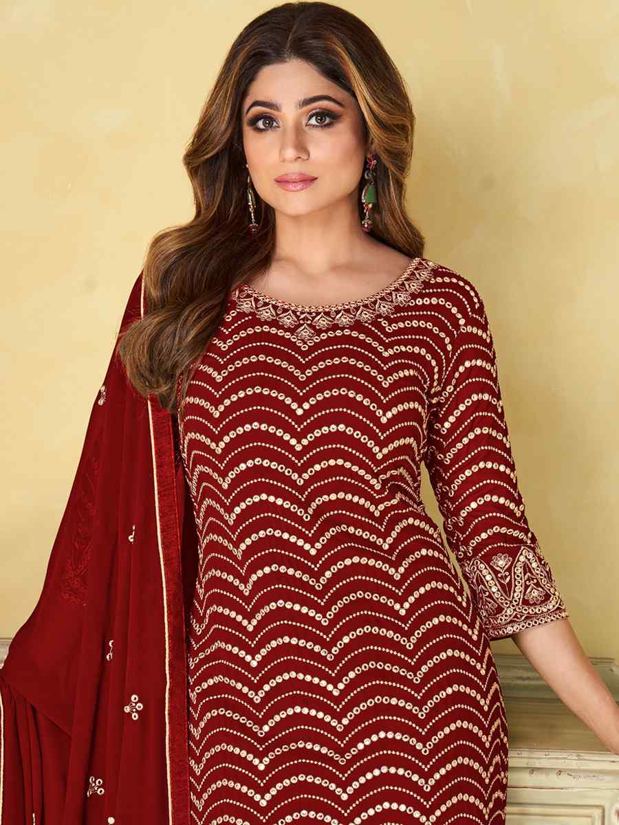 Brown Heavy Faux Georgette Embroidered Festival Wedding Bollywood Style Palazzo Pant Salwar Kameez
