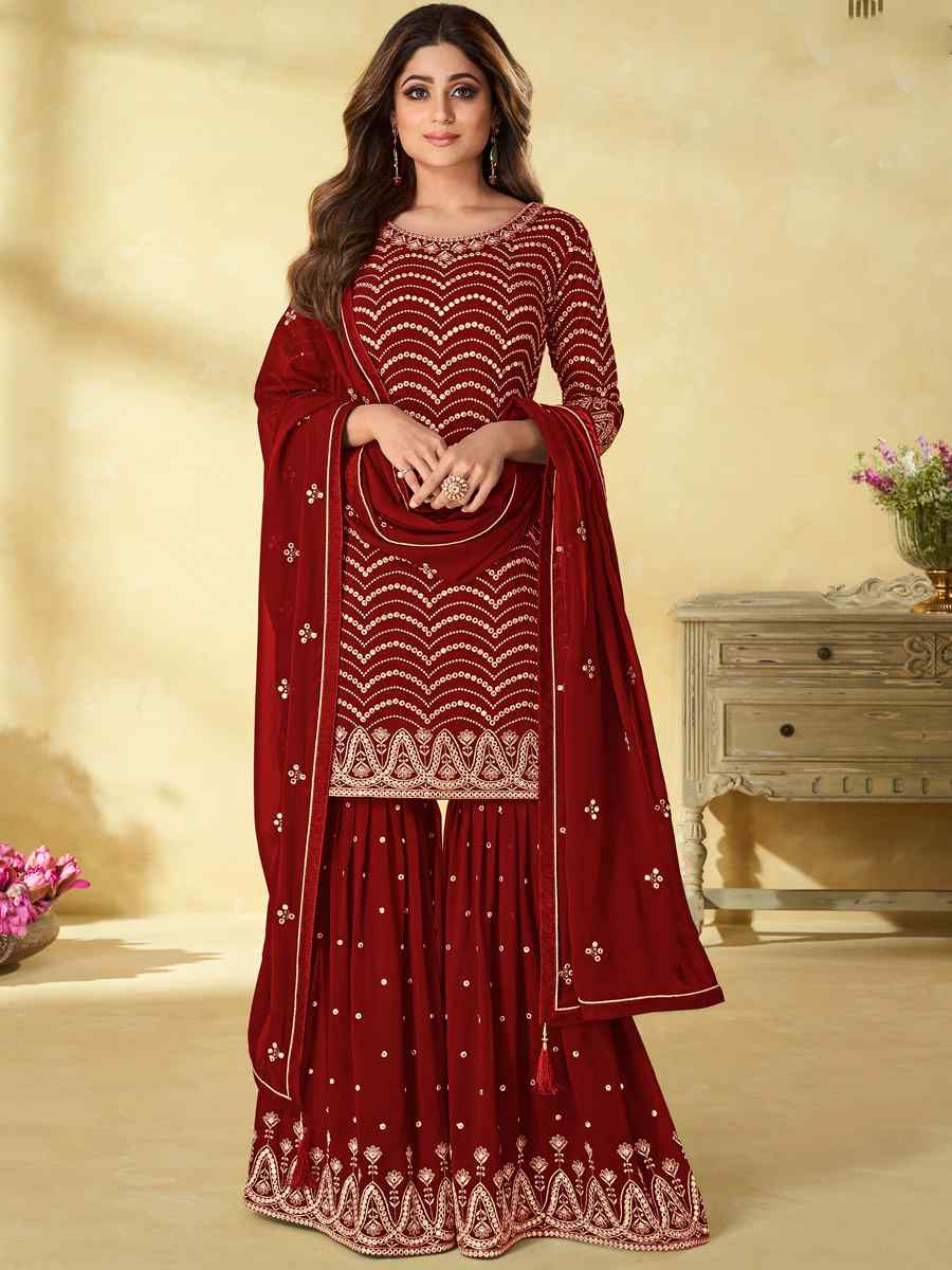Brown Heavy Faux Georgette Embroidered Festival Wedding Bollywood Style Palazzo Pant Salwar Kameez