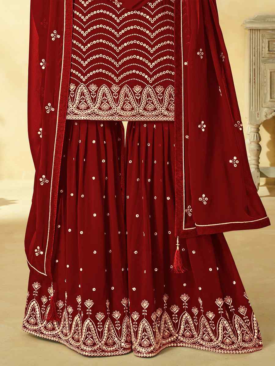 Brown Heavy Faux Georgette Embroidered Festival Wedding Bollywood Style Palazzo Pant Salwar Kameez