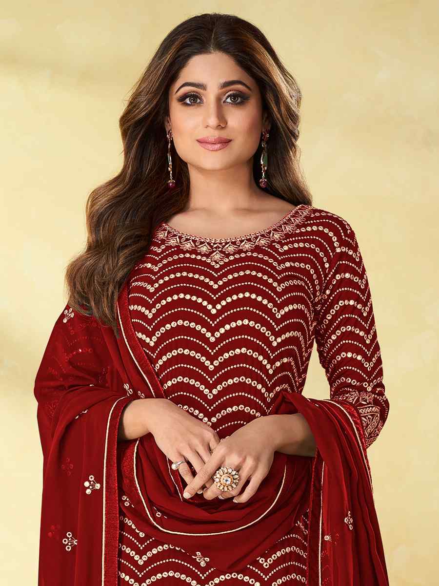 Brown Heavy Faux Georgette Embroidered Festival Wedding Bollywood Style Palazzo Pant Salwar Kameez