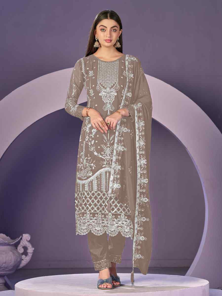 Brown Heavy Faux Georgette Embroidered Festival Wedding Pant Salwar Kameez