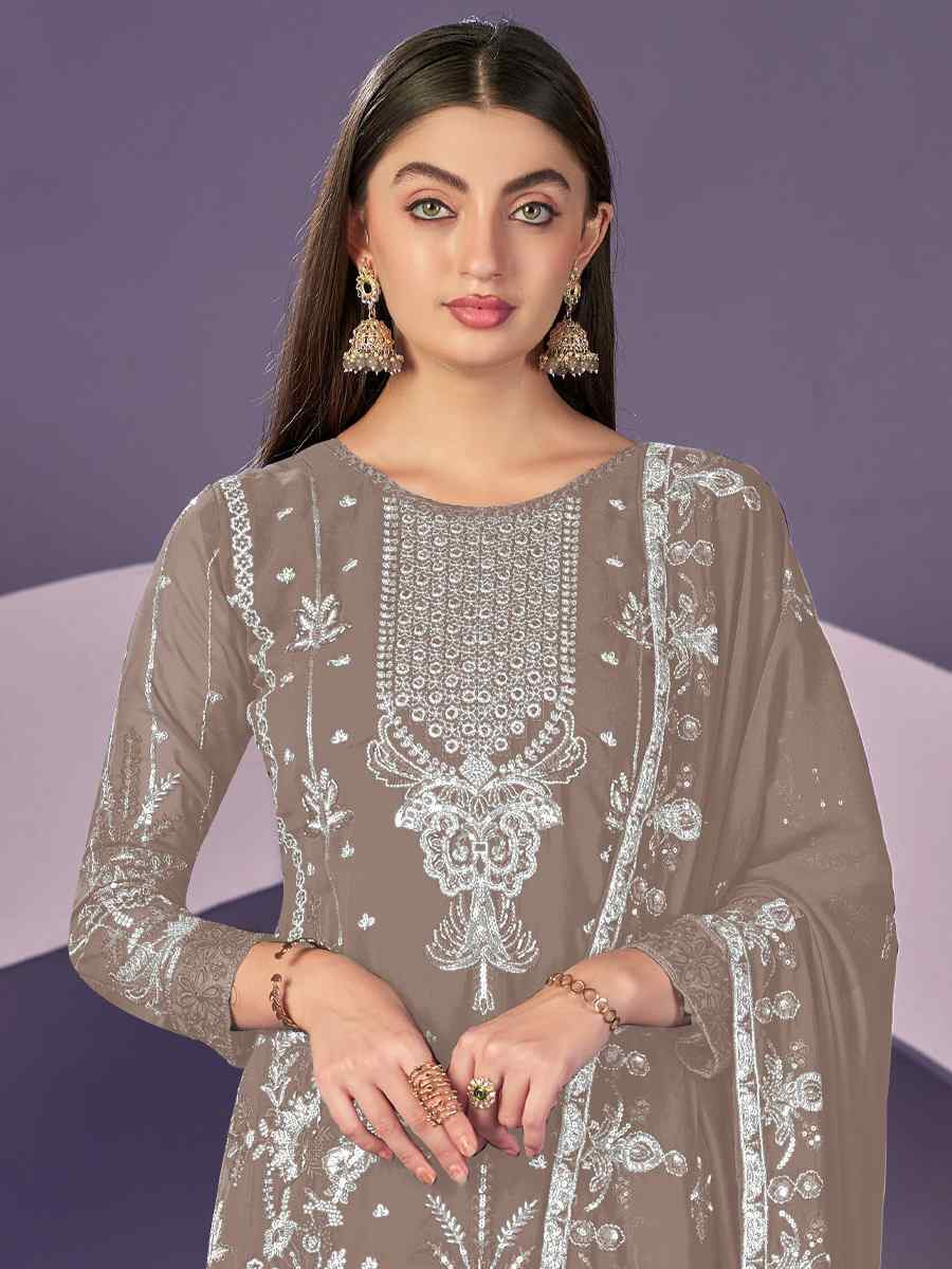 Brown Heavy Faux Georgette Embroidered Festival Wedding Pant Salwar Kameez
