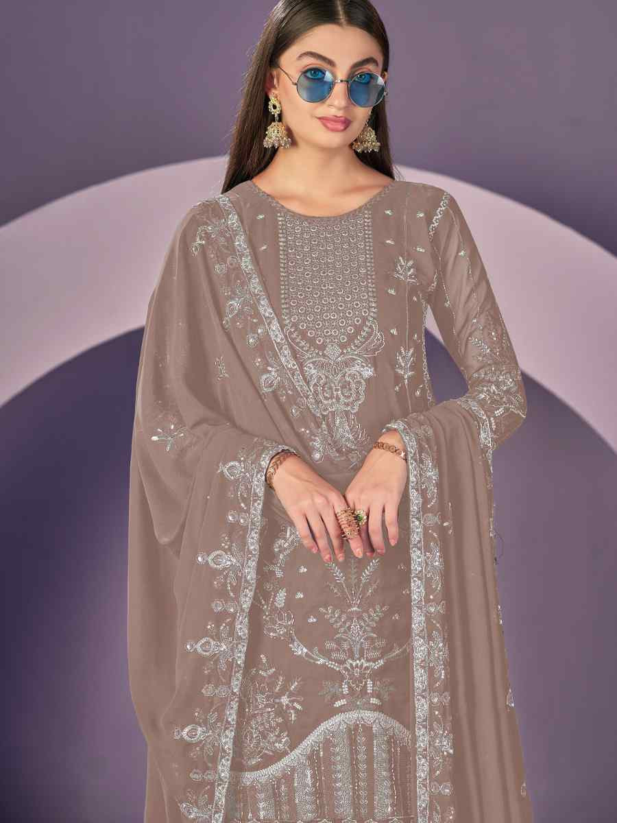 Brown Heavy Faux Georgette Embroidered Festival Wedding Pant Salwar Kameez