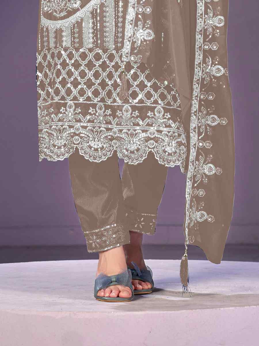 Brown Heavy Faux Georgette Embroidered Festival Wedding Pant Salwar Kameez