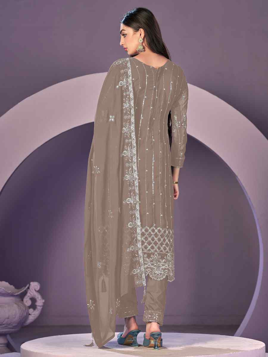 Brown Heavy Faux Georgette Embroidered Festival Wedding Pant Salwar Kameez