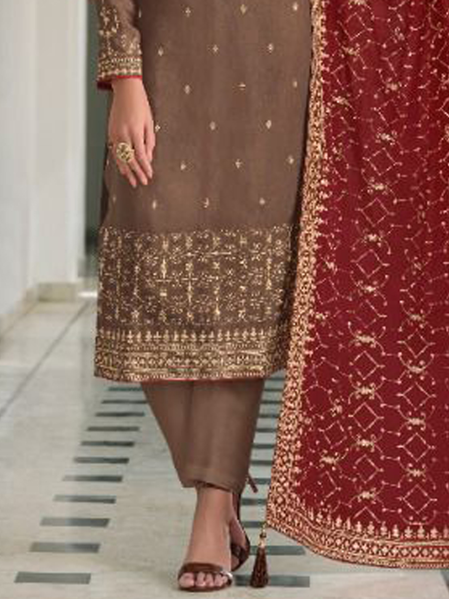 Brown Heavy Faux Georgette Embroidered Festival Wedding Pant Salwar Kameez