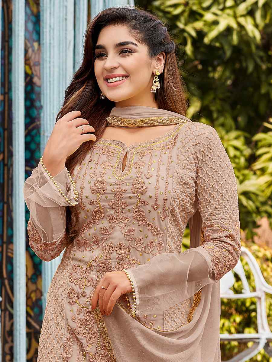 Brown Heavy Faux Georgette Embroidered Party Festival Pant Salwar Kameez
