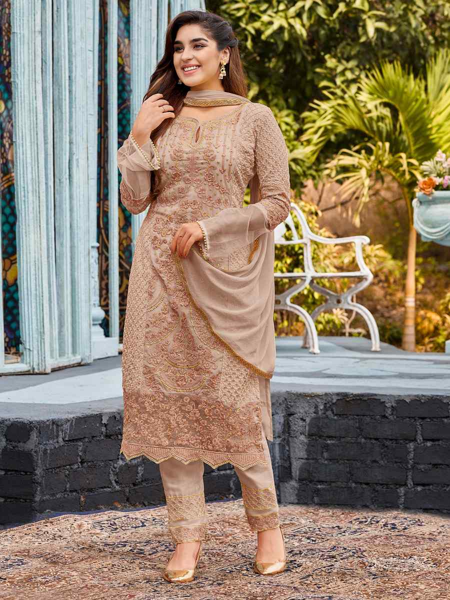 Brown Heavy Faux Georgette Embroidered Party Festival Pant Salwar Kameez
