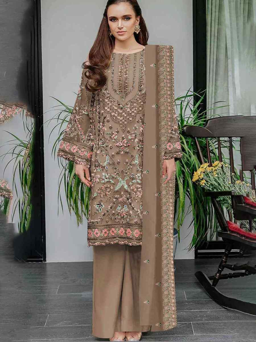 Brown Heavy Foux Georgette Embroidered Festival Wedding Pant Salwar Kameez