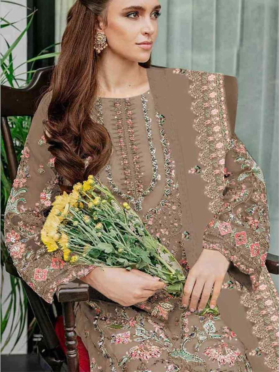 Brown Heavy Foux Georgette Embroidered Festival Wedding Pant Salwar Kameez