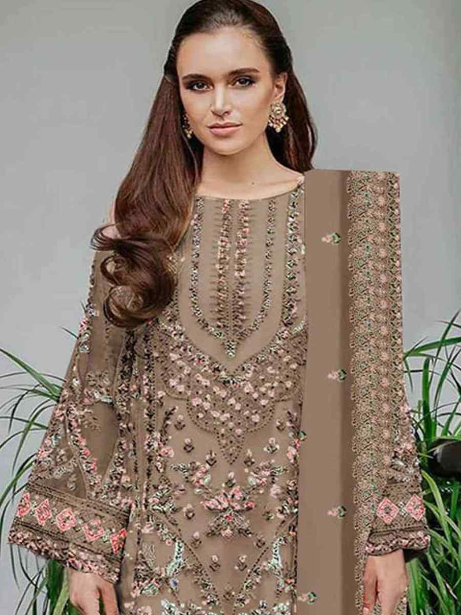 Brown Heavy Foux Georgette Embroidered Festival Wedding Pant Salwar Kameez