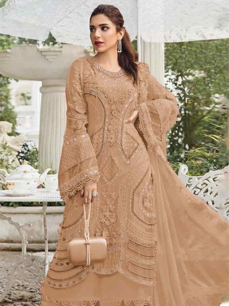 Image of Brown Heavy Fox Georgette Embroidered Festival Wedding Pant Salwar Kameez