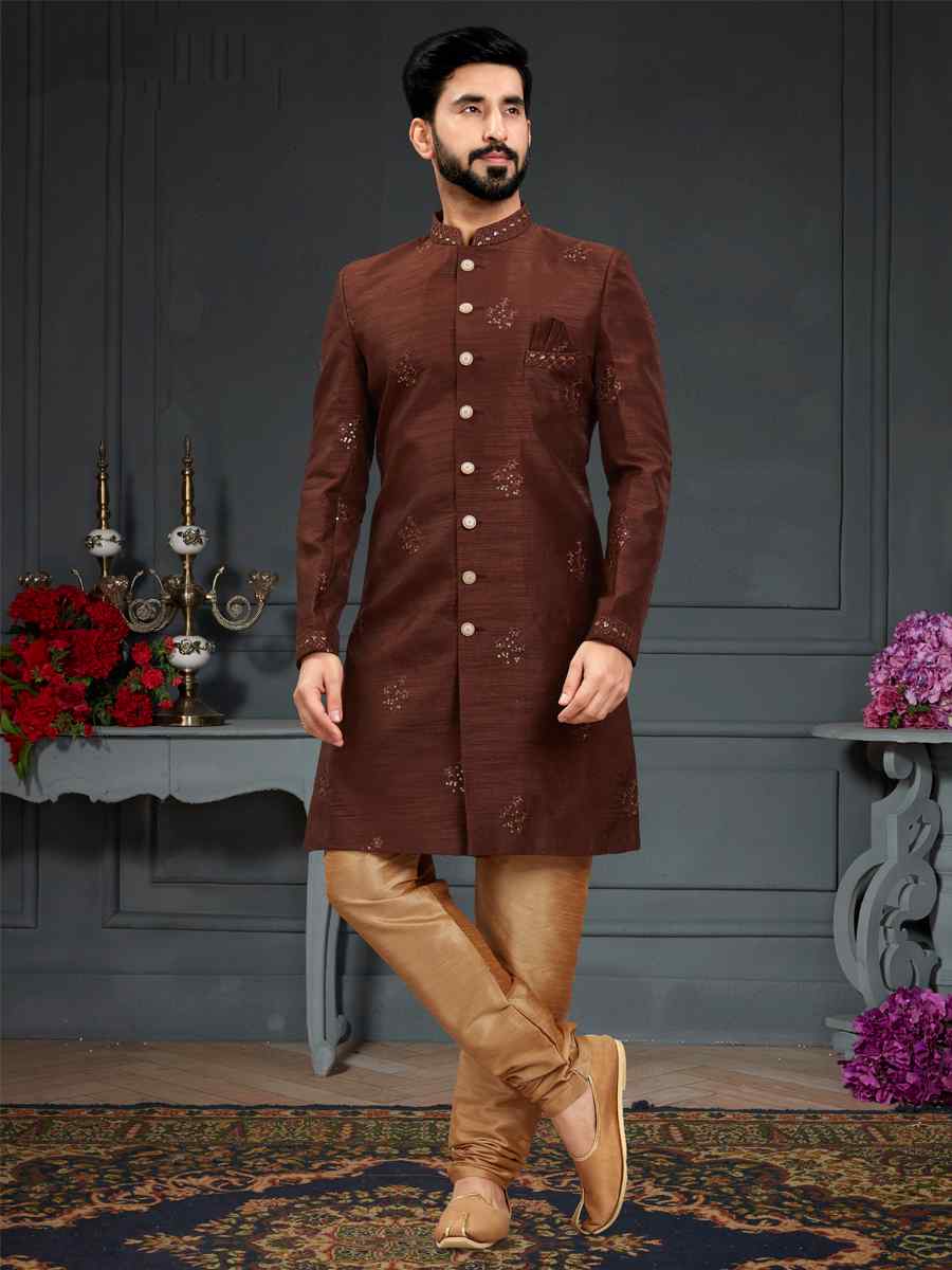 Brown Heavy Imported Silk Woven Groom Wedding Sherwani