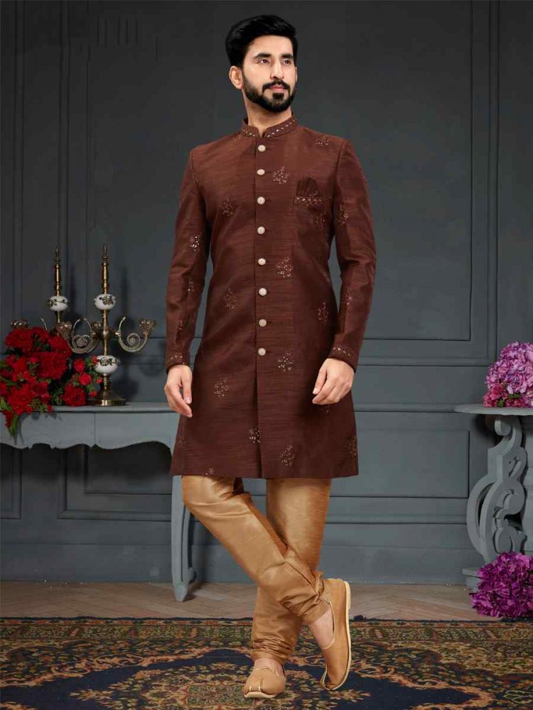 Brown Heavy Imported Silk Woven Groom Wedding Sherwani