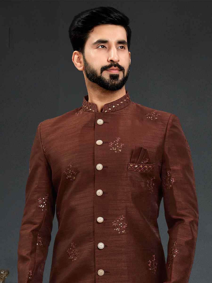 Brown Heavy Imported Silk Woven Groom Wedding Sherwani