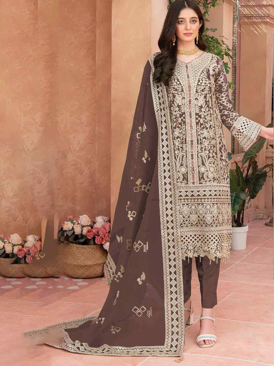Brown Heavy Organza Embroidered Festival Casual Pant Salwar Kameez