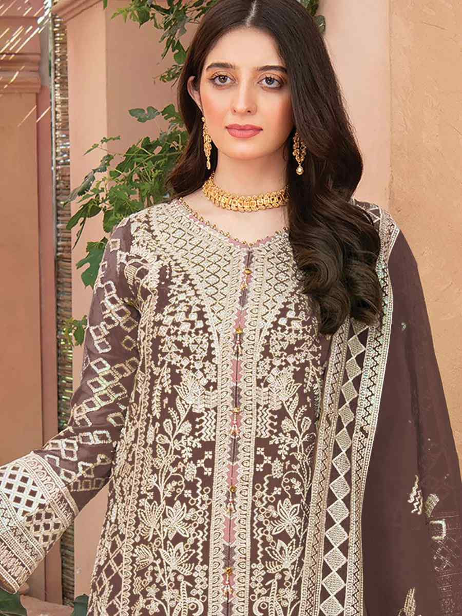 Brown Heavy Organza Embroidered Festival Casual Pant Salwar Kameez