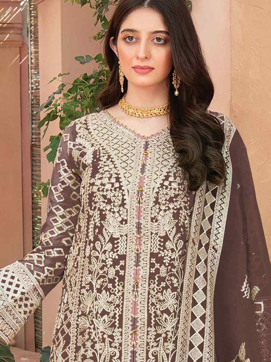 Brown Heavy Organza Embroidered Festival Casual Pant Salwar Kameez
