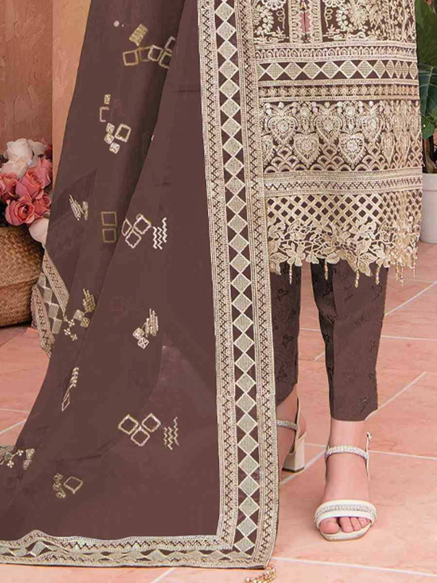 Brown Heavy Organza Embroidered Festival Casual Pant Salwar Kameez