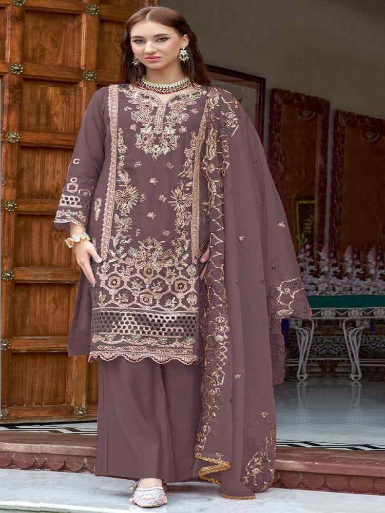 Brown Heavy Organza Embroidered Festival Casual Pant Salwar Kameez
