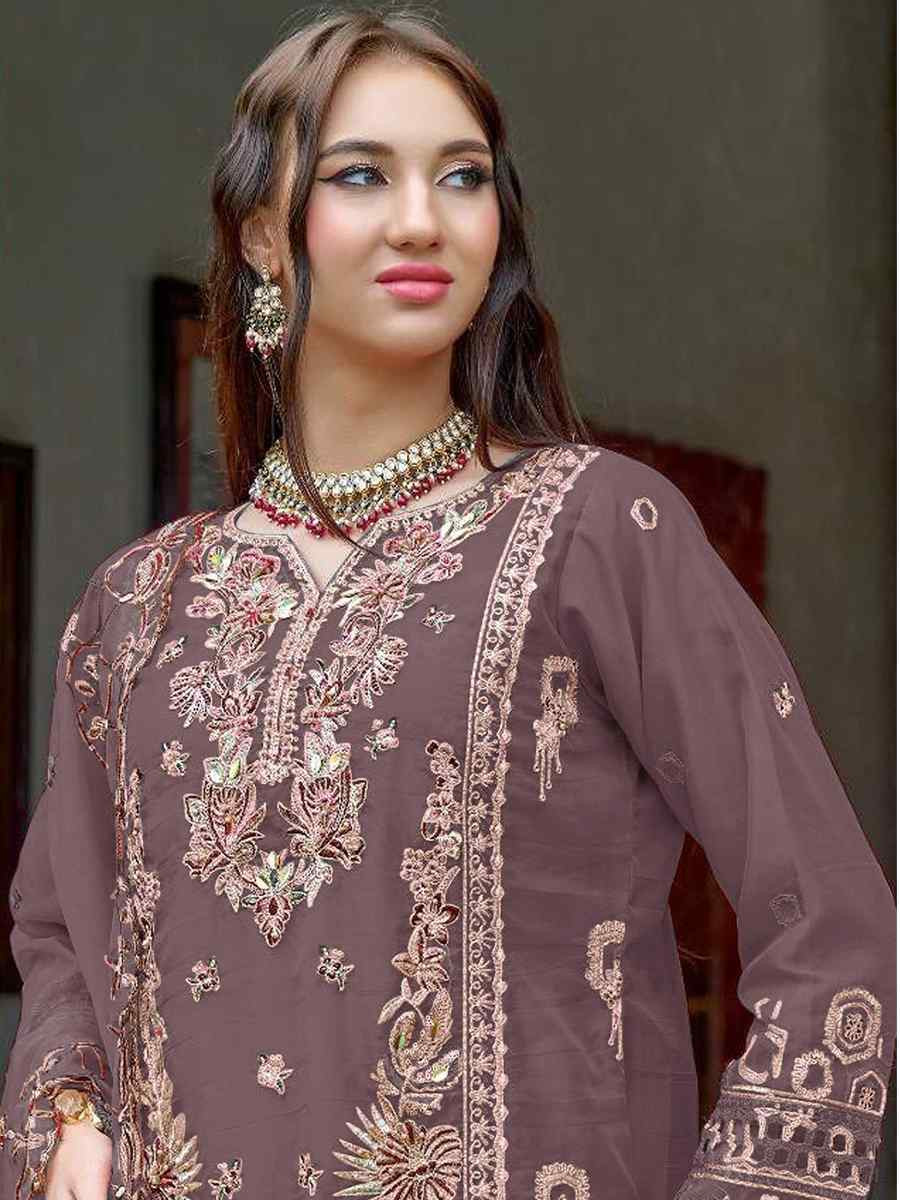 Brown Heavy Organza Embroidered Festival Casual Pant Salwar Kameez