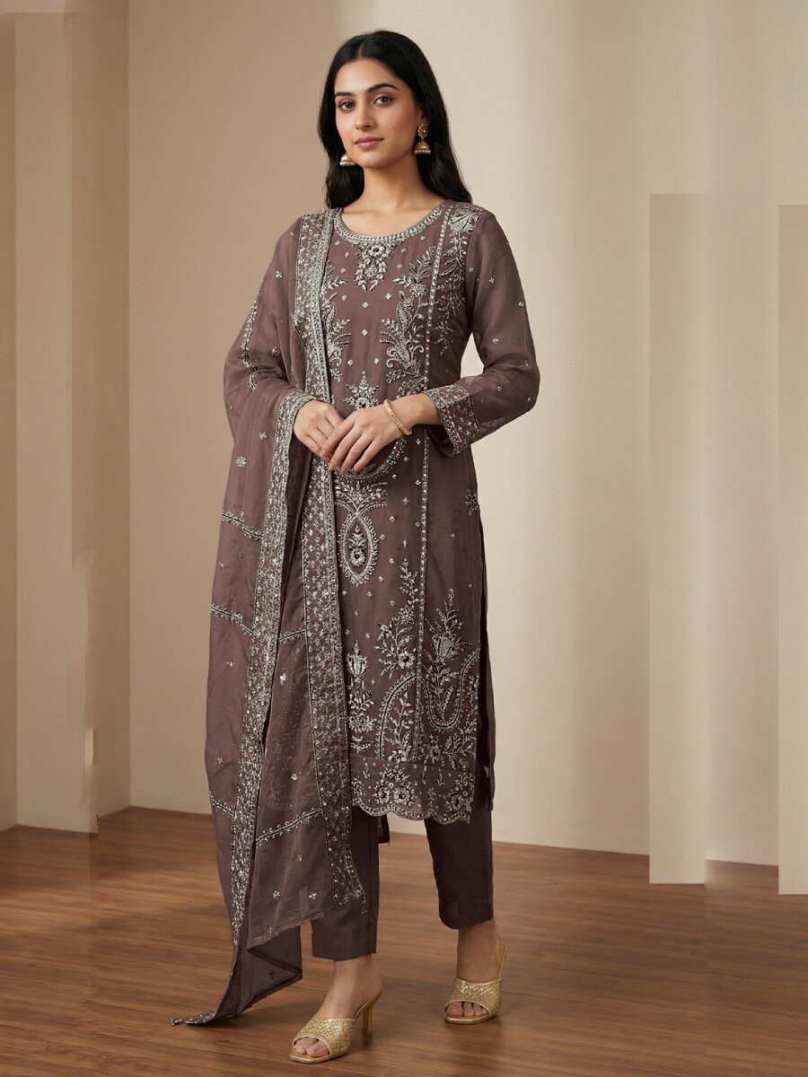 Brown Heavy Organza Embroidery Wedding Party Festival Casual Pant Salwar Kameez