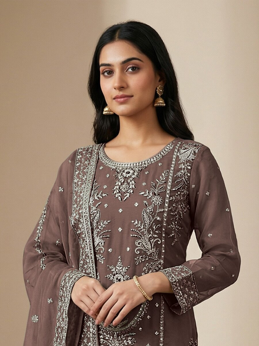 Brown Heavy Organza Embroidery Wedding Party Festival Casual Pant Salwar Kameez