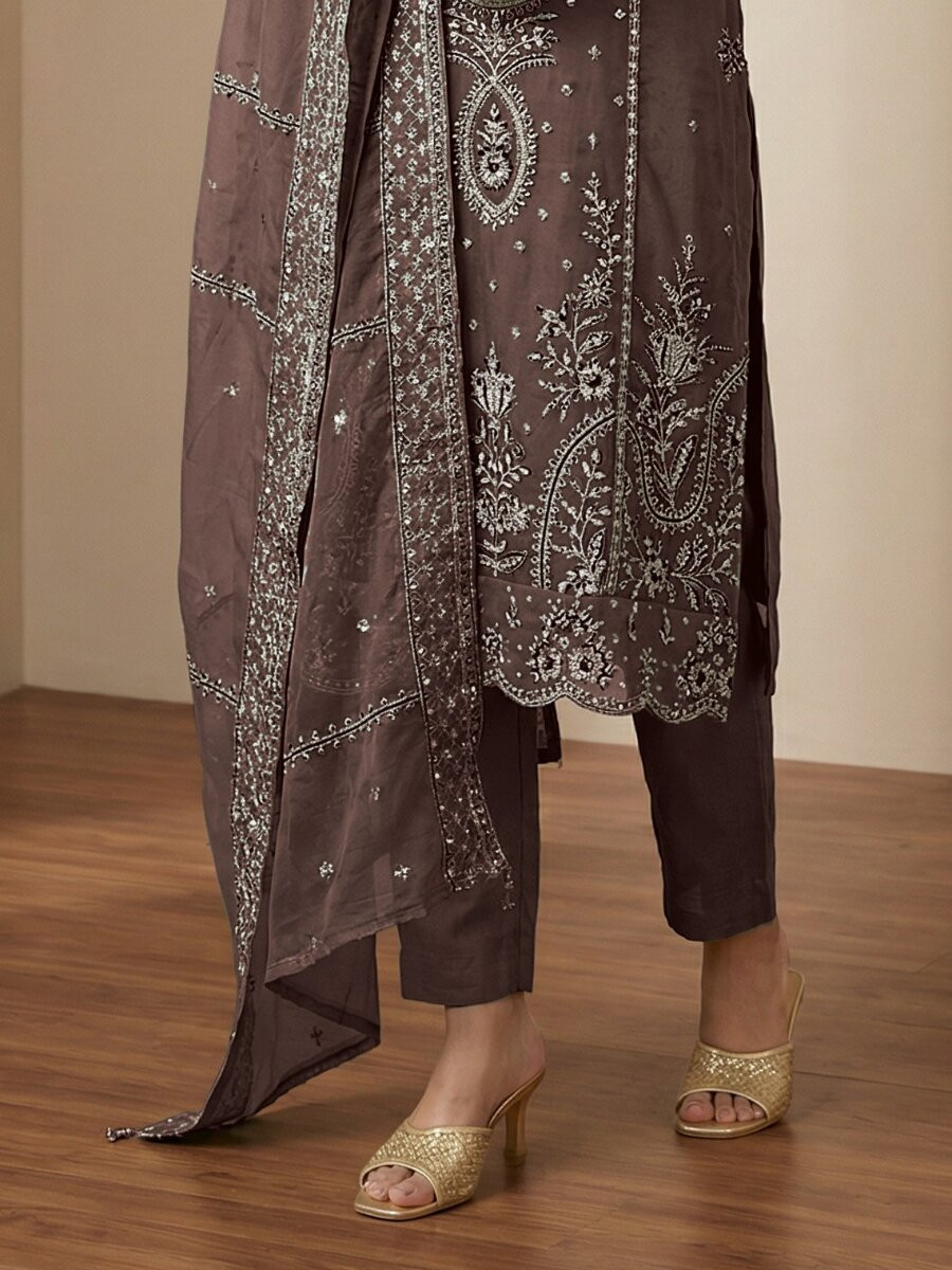 Brown Heavy Organza Embroidery Wedding Party Festival Casual Pant Salwar Kameez