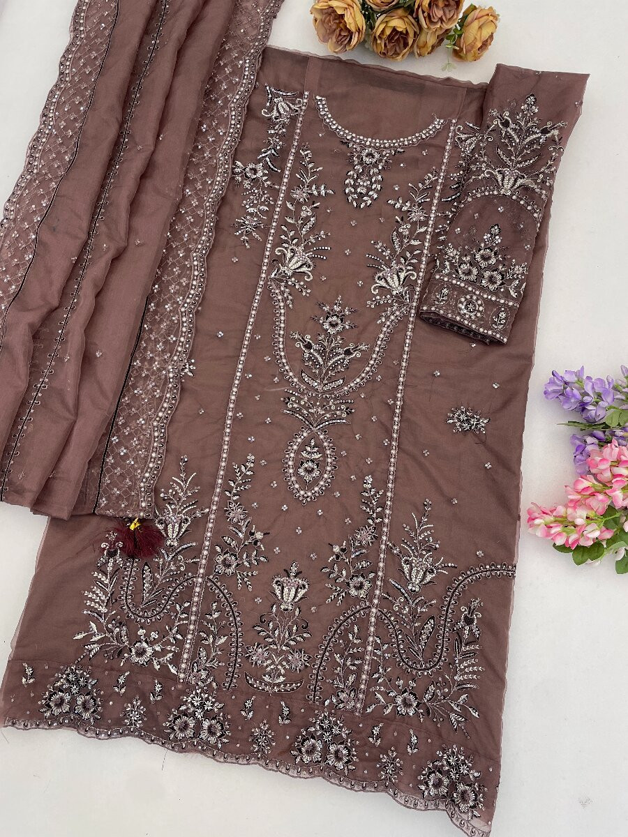 Brown Heavy Organza Embroidery Wedding Party Festival Casual Pant Salwar Kameez