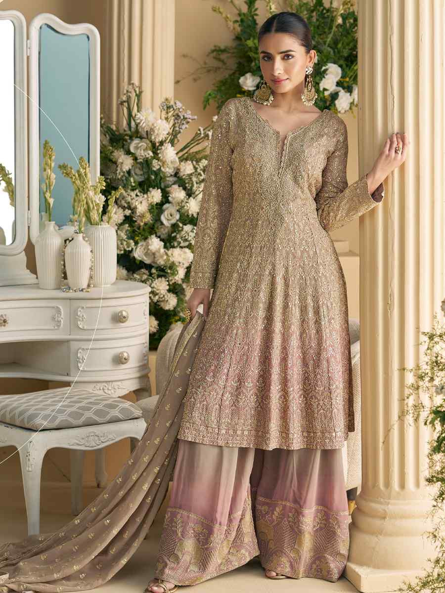 Brown Heavy Real Gerogette Embroidery Party Wedding Festival Casual Ready Palazzo Pant Salwar Kameez