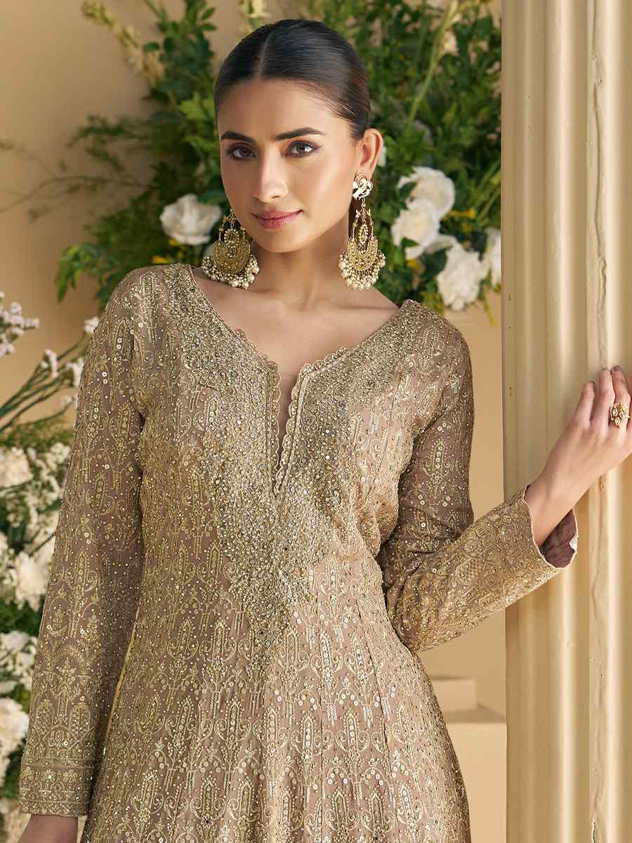 Brown Heavy Real Gerogette Embroidery Party Wedding Festival Casual Ready Palazzo Pant Salwar Kameez