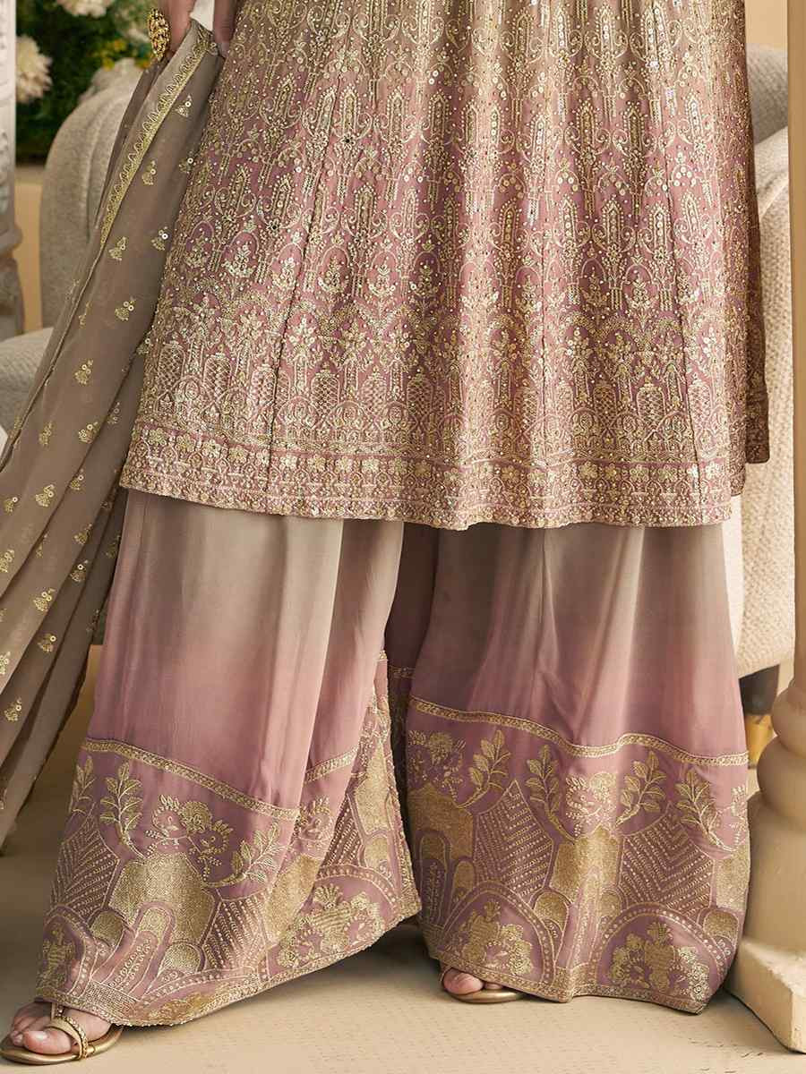 Brown Heavy Real Gerogette Embroidery Party Wedding Festival Casual Ready Palazzo Pant Salwar Kameez