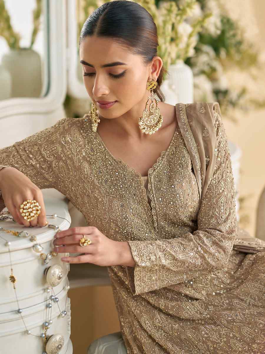 Brown Heavy Real Gerogette Embroidery Party Wedding Festival Casual Ready Palazzo Pant Salwar Kameez