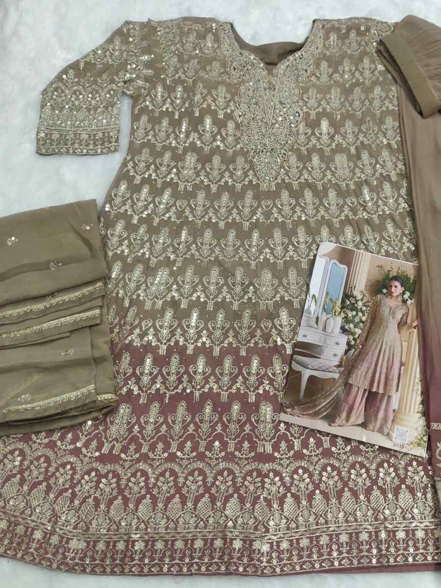 Brown Heavy Real Gerogette Embroidery Party Wedding Festival Casual Ready Palazzo Pant Salwar Kameez