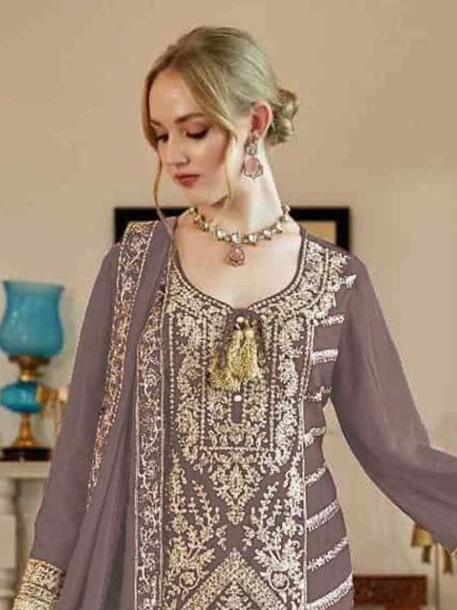 Brown Heavy Simar Vichitra Embroidered Festival Casual Palazzo Pant Salwar Kameez