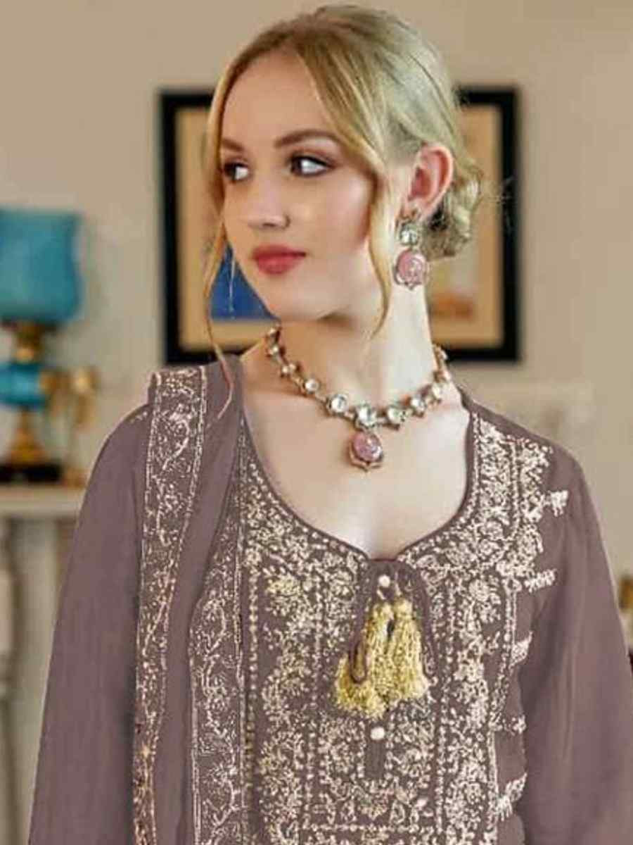 Brown Heavy Simar Vichitra Embroidered Festival Casual Palazzo Pant Salwar Kameez