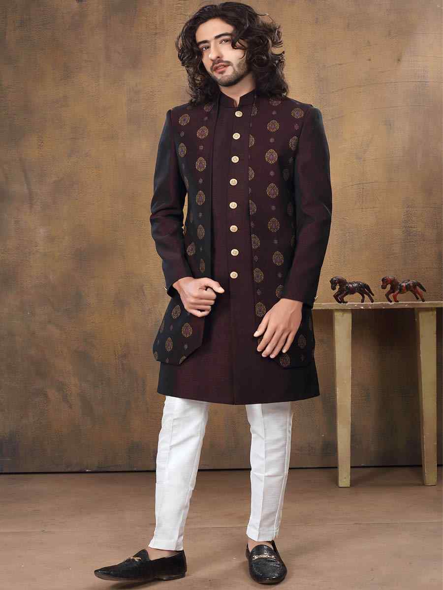 Brown Imported Woven Groom Wedding Sherwani