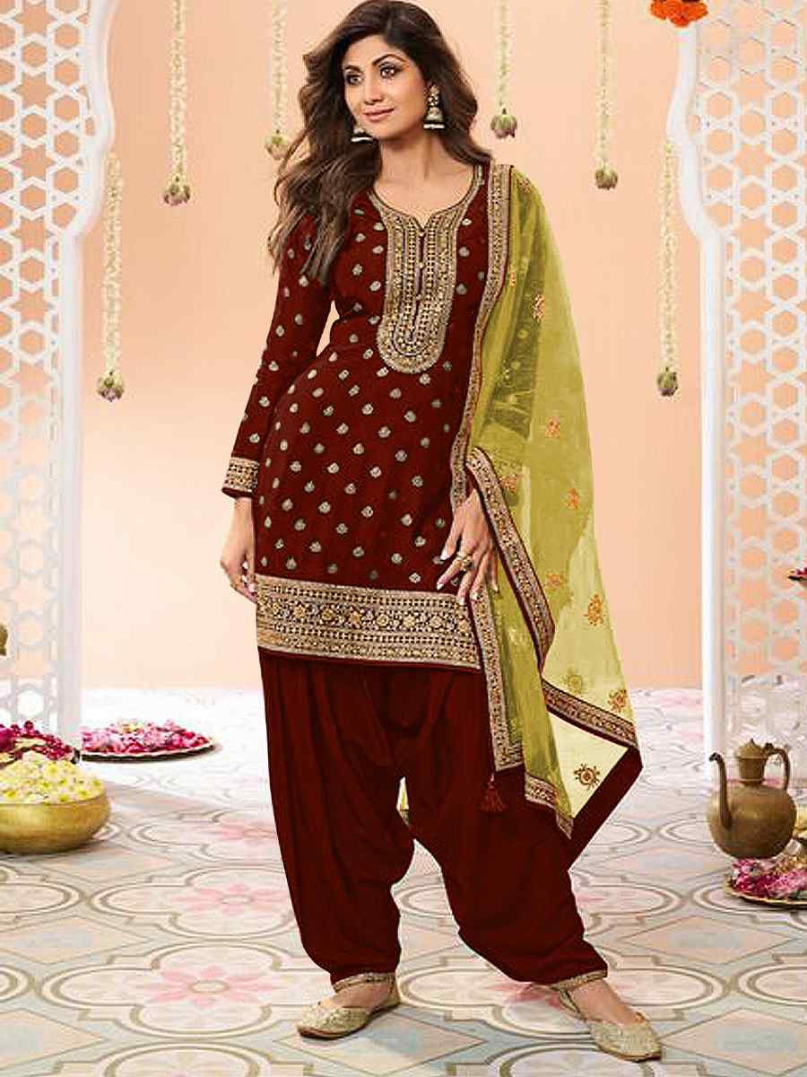 Brown Jacquard Embroidered Festival Casual Weeding Patiala Salwar Kameez