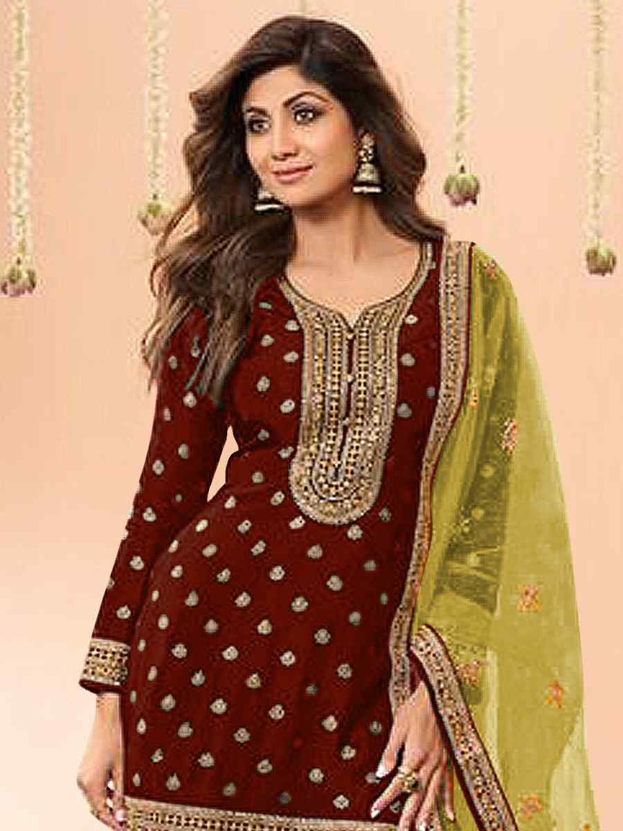 Brown Jacquard Embroidered Festival Casual Weeding Patiala Salwar Kameez